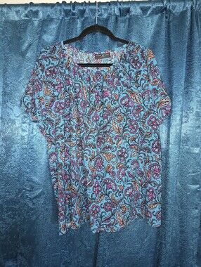 Lane Bryant Turquoise Floral Printed Short Sleeve Blouse